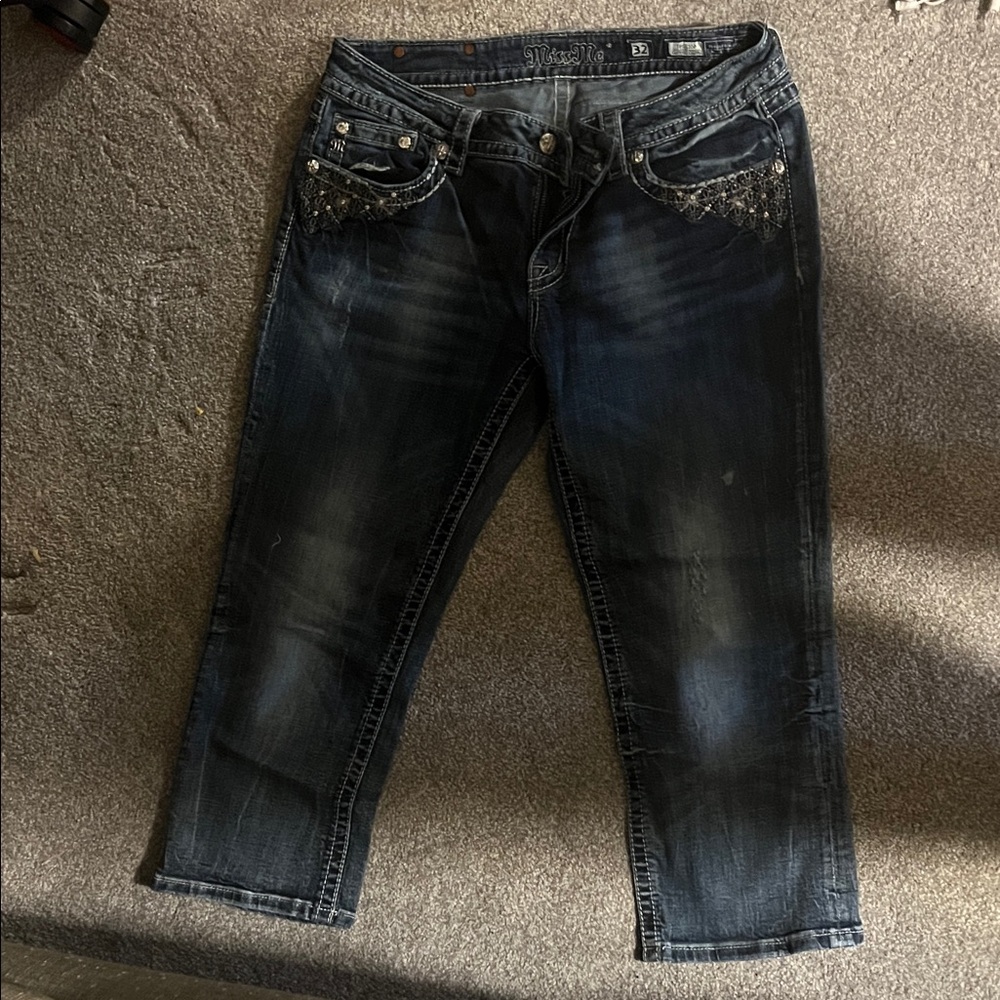 Miss Me Women's Dark Blue Cropped Jeans with Embellished Pockets